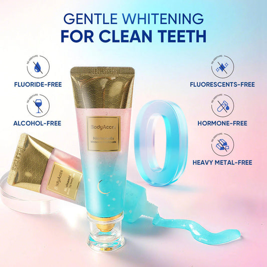 Toothpaste tube with cleaning brush and packaging on a gradient background, featuring text about product benefits.