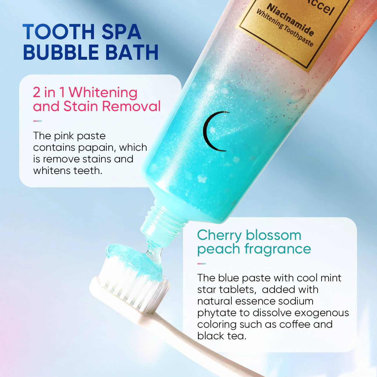 Toothpaste tube with cherry blossom peach fragrance and toothbrush on a light blue background